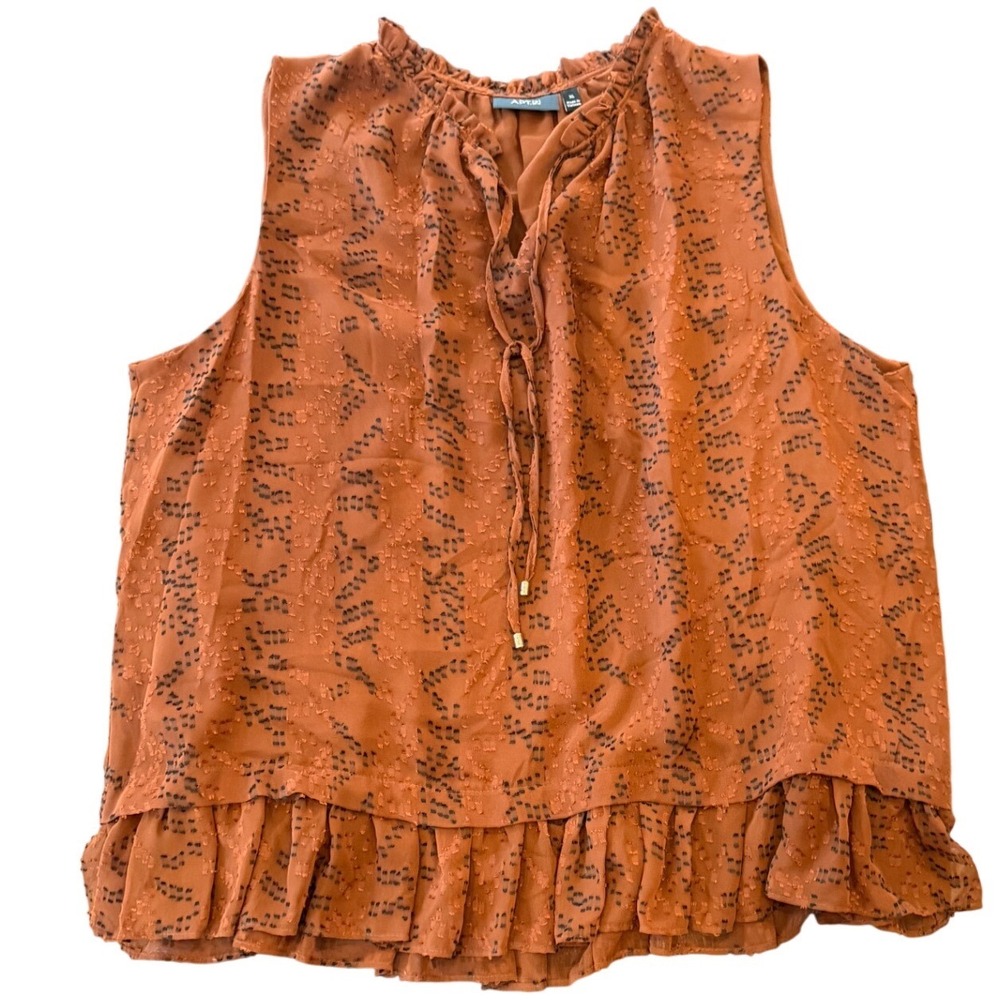 Apt.‎ 9 Womens XL Rust Orange Clip Dot Ruffle Neck Sleeveless Blouse Tiered Hem